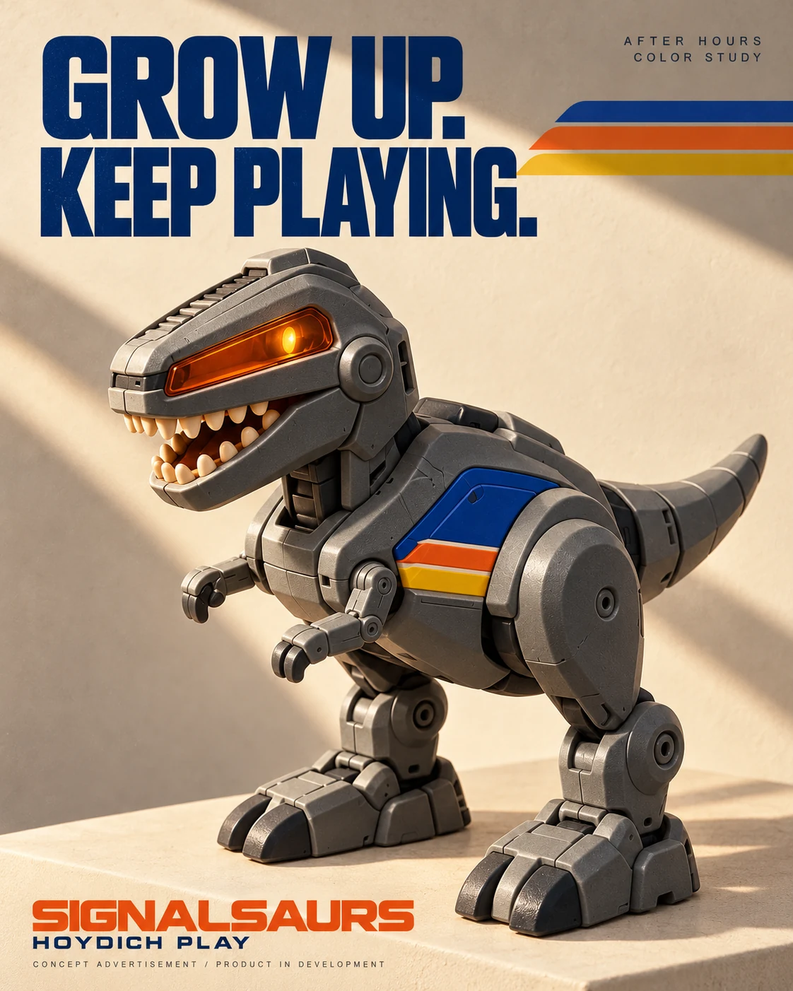 Collector advertisement concept showing graphite ROOK beneath the headline Grow Up. Keep Playing.