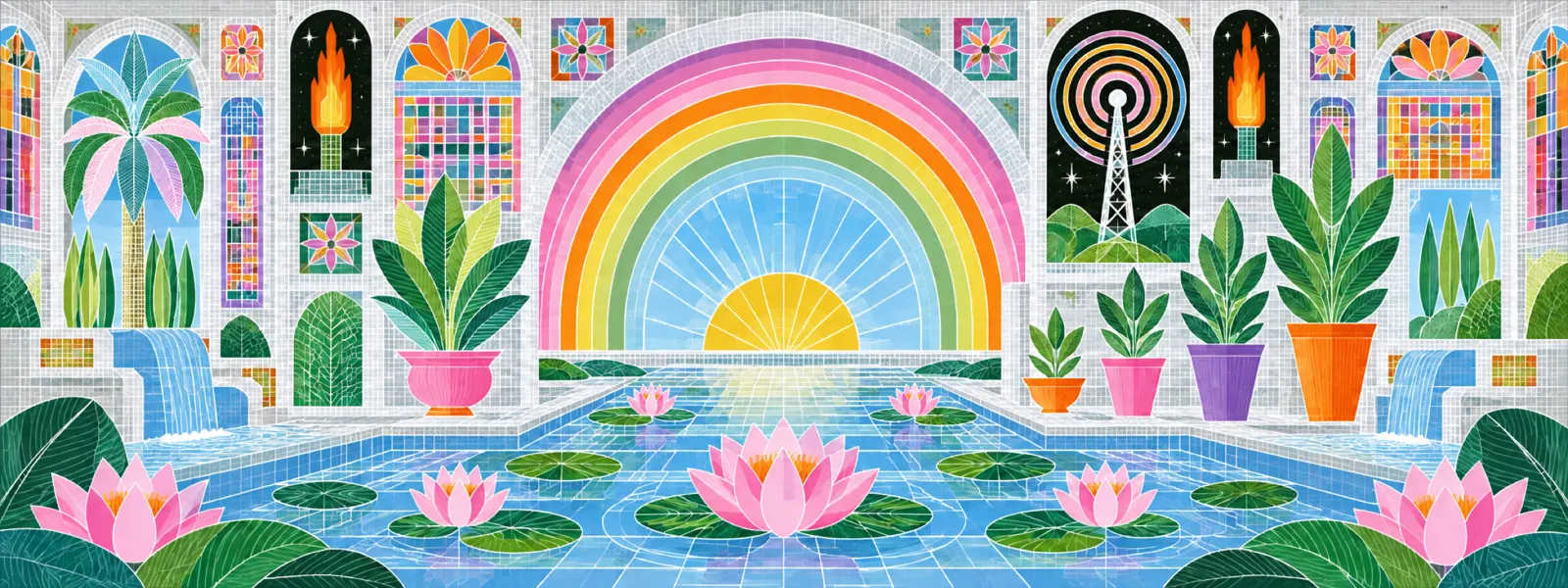 Good morning signal: a tiled pool with lotus flowers, a rainbow over the sun, palms, torches and a radio tower.