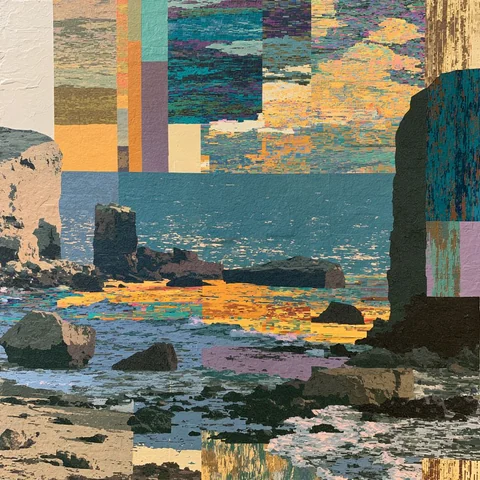 Gold morning static breaking over dark rocks — Midjourney source reference