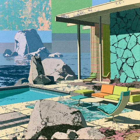 Stone mid-century house with a cold blue pool — Midjourney source reference