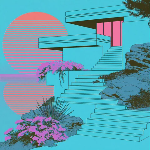 Cyan terrace with pink stairs down to the water — Midjourney source reference
