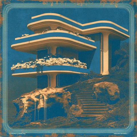 Round-cornered terrace pouring into the sea — Midjourney source reference