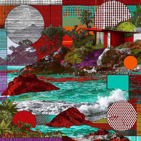 Red garden collage with polka moons over the point — Midjourney source reference