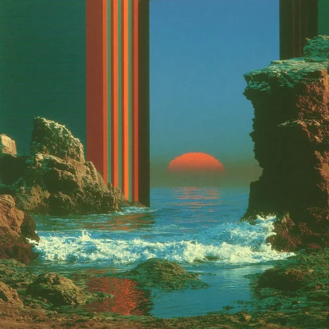 Sunset swell folding over dark shoreline rocks — Midjourney source reference