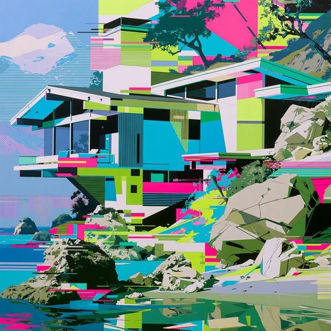 Stilt house shattering into rainbow static — Midjourney source reference