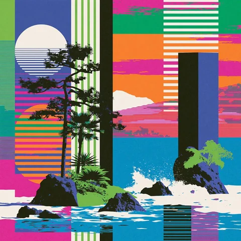 Magenta stripe storm through the pines — Midjourney source reference