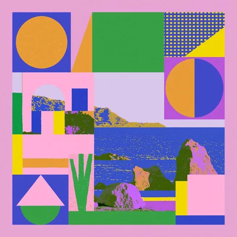 Flat garden of shapes above a paper sea — Midjourney source reference