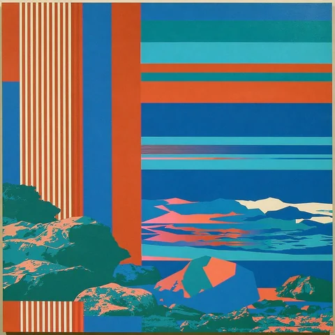 Coral stripes crashing across a blue wave — Midjourney source reference