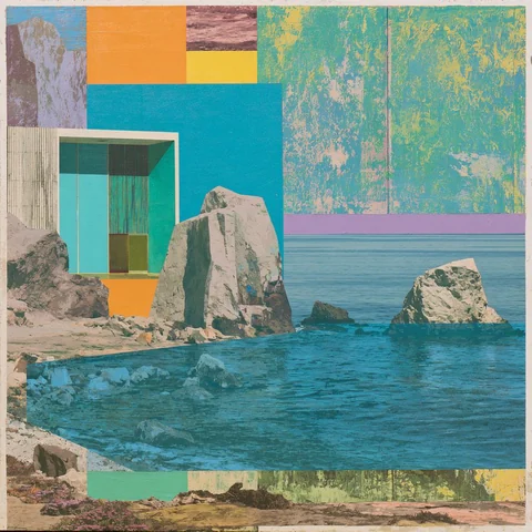 Framed cove with a glass room in the cliff — Midjourney source reference