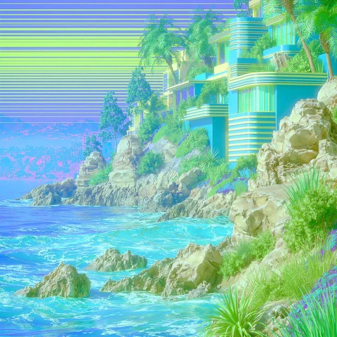 Lush green cove glowing under haze — Midjourney source reference