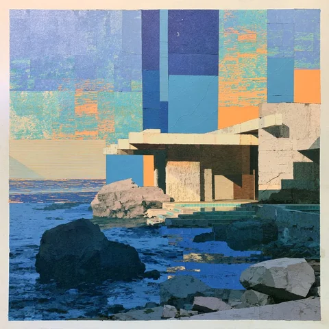 House on the dark cliff with one pale window lit — Midjourney source reference