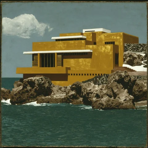 Golden modern house standing on a sea rock in honey light — Midjourney source reference