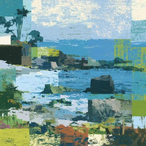 Shoreline dissolving into warm evening static — Midjourney source reference