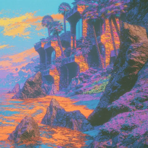 Pink and orange cliff blazing at sundown — Midjourney source reference