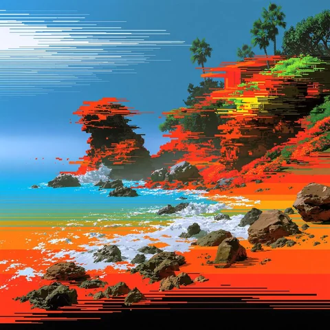 Fire-colored surf breaking under the last light — Midjourney source reference