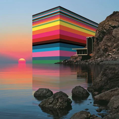 Striped monolith mirrored in a sunset-glass sea — Midjourney source reference