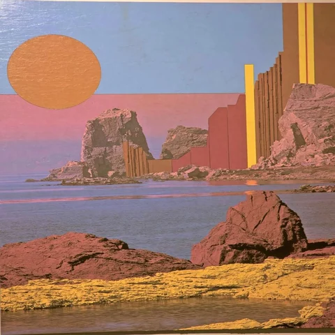 Dusty orange sun over quiet sea-stack cliffs — Midjourney source reference