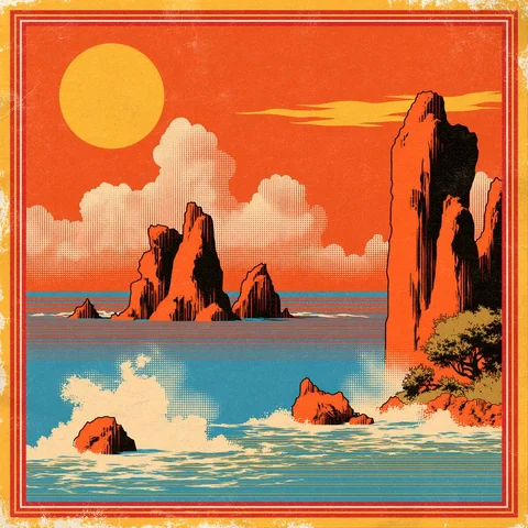 Orange sun and stacked clouds over breaking surf, riso print — Midjourney source reference