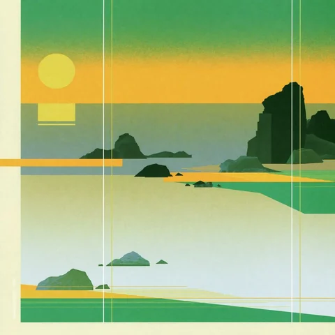 Yellow-green morning field running down to the ocean — Midjourney source reference