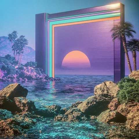 Neon arch sunrise between palm silhouettes — Midjourney source reference
