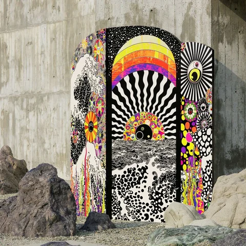 Psychedelic shrine doors standing against a concrete sea wall — Midjourney source reference