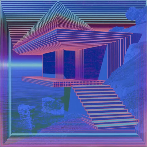 Blue temple stair under a beam of dawn light — Midjourney source reference