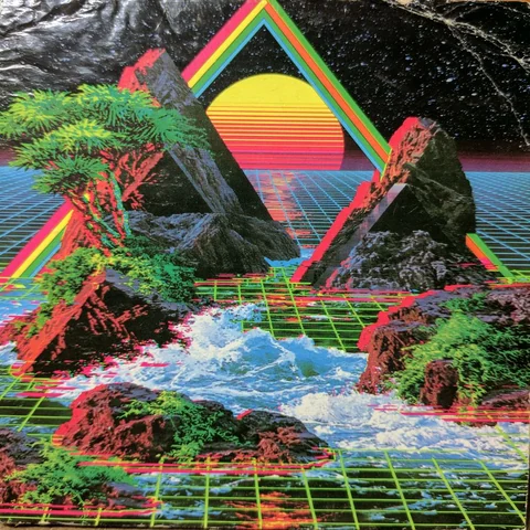 Rainbow arch over a glitching green wireframe tide — Midjourney source reference