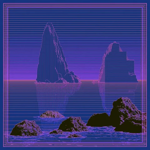 Purple monolith shore in the last dark before morning — Midjourney source reference