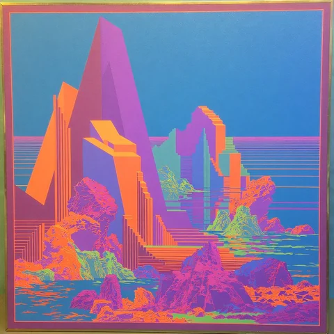 Magenta prism rocks in a pre-dawn dream sea — Midjourney source reference