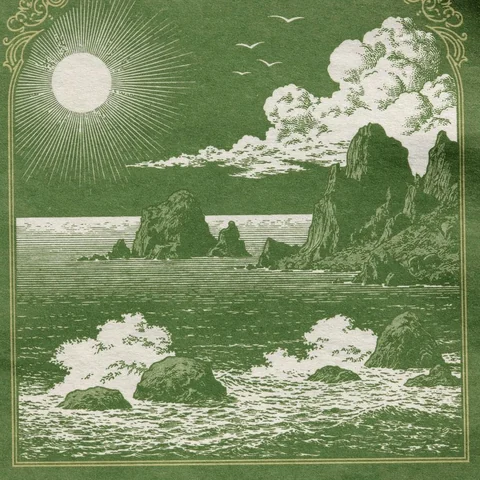 Green etched sun and clouds over engraved surf — Midjourney source reference