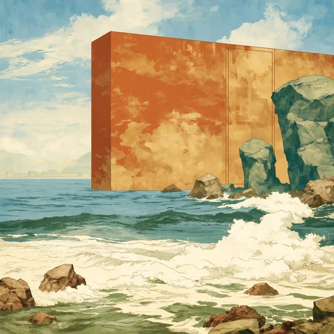 Sepia block resting on a soft etched sea — Midjourney source reference