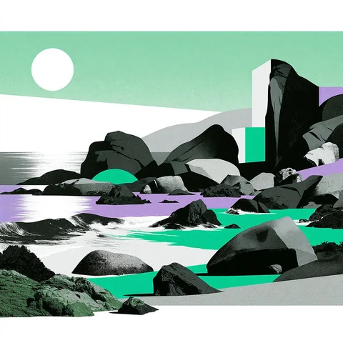 Pale mint rocks in a bleached morning haze — Midjourney source reference