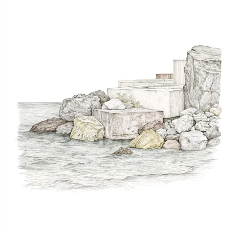 Pencil-sketch sea rocks, unfinished morning — Midjourney source reference