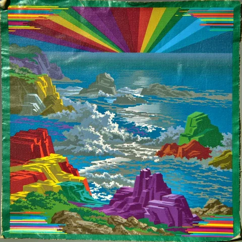 Rainbow burst cliff over churning surf — Midjourney source reference