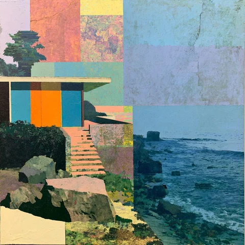Orange-paneled house with stairs down the bluff — Midjourney source reference