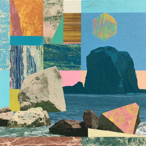 Gold octagon sun over a dark tide rock — Midjourney source reference