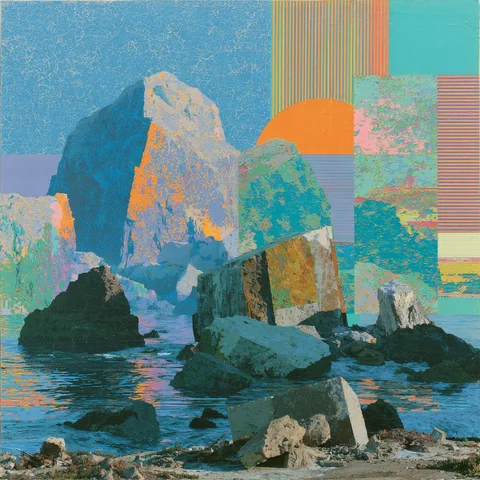 Sea stack wrapped in evening color squares — Midjourney source reference