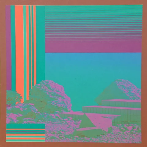 Striped signal field over mint tide rocks — Midjourney source reference