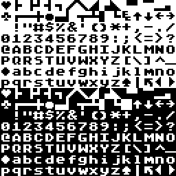 Matrix of the ATASCII character set, showing letters, numerals, geometric symbols and inverse forms.
