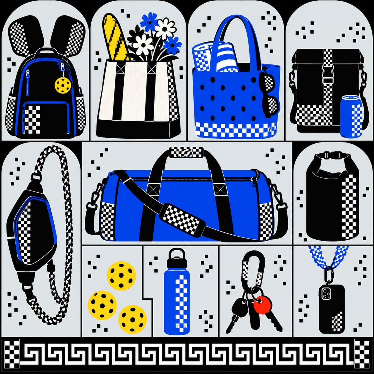 Illustrated specimen sheet of bags, a cooler, a chair-ready duffel, keys, pickleballs and a phone on a lanyard