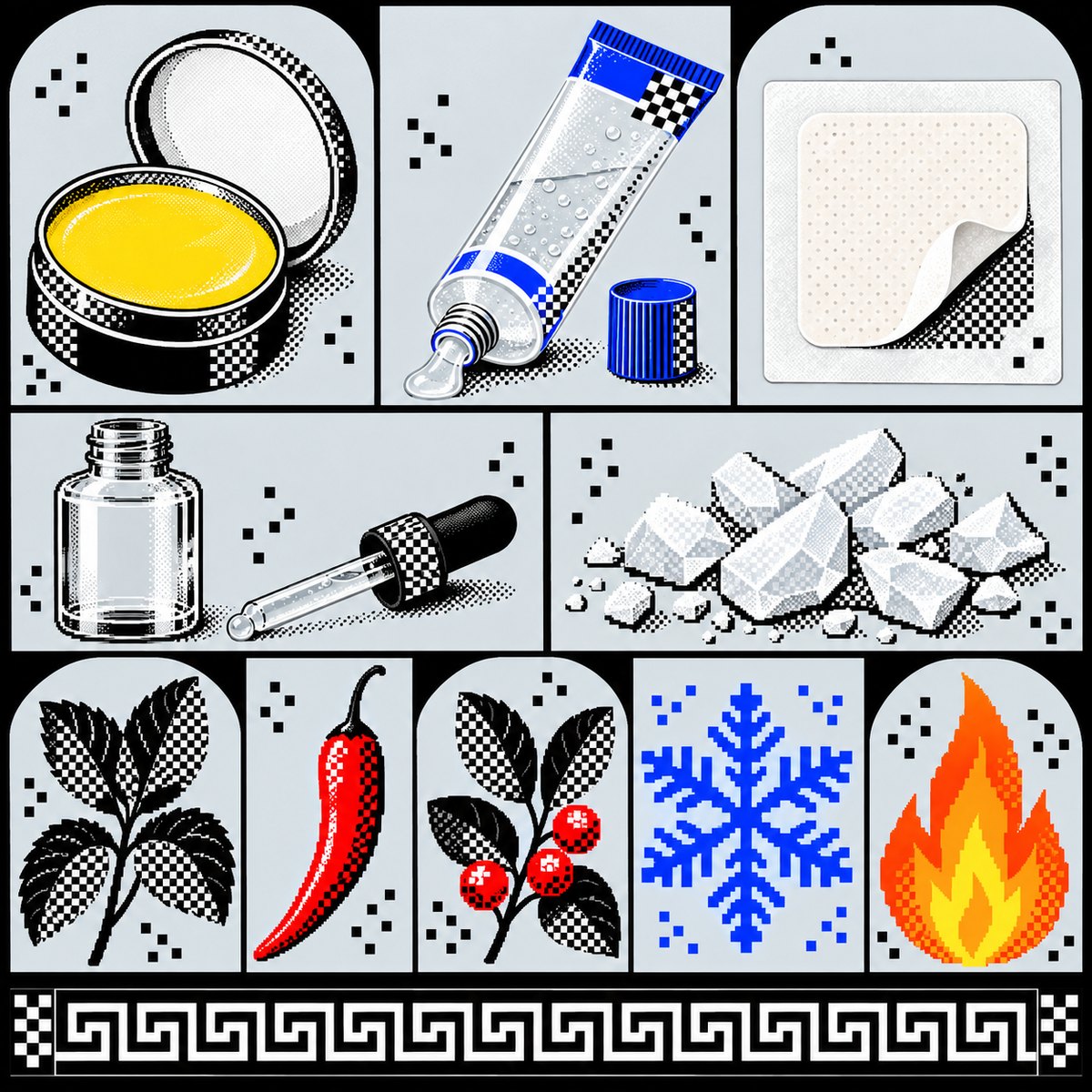 Illustrated balm shelf: tin, tube, patch, liniment bottle, mint, chili, wintergreen