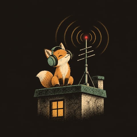 A small fox in headphones on a rooftop beside an antenna
