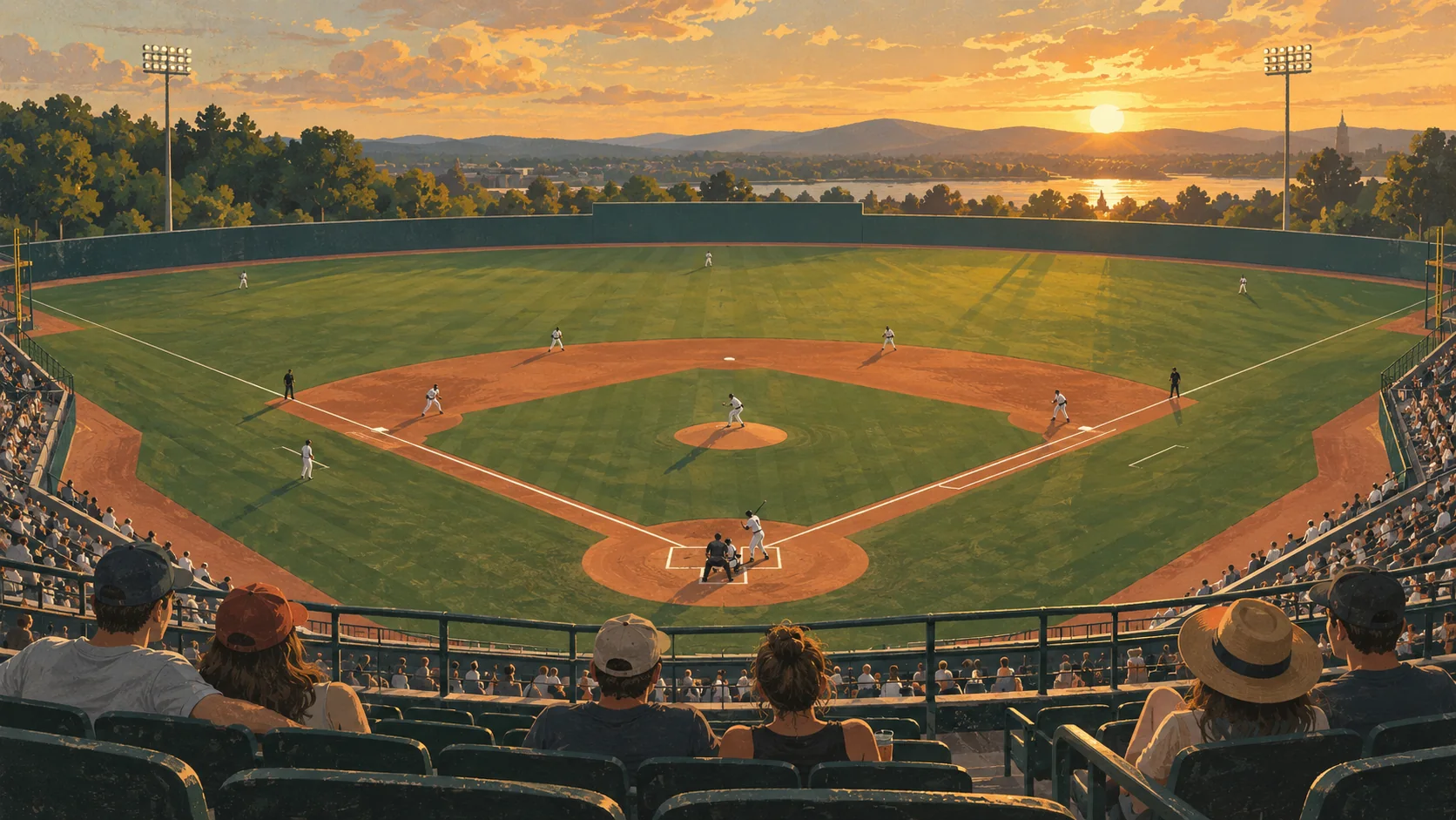 Original painted illustration of an anonymous baseball park in amber evening light, with small groups watching from the grandstand.