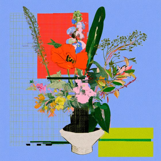 Cornflower blue, red square, poppies and pink stock in a woven pot