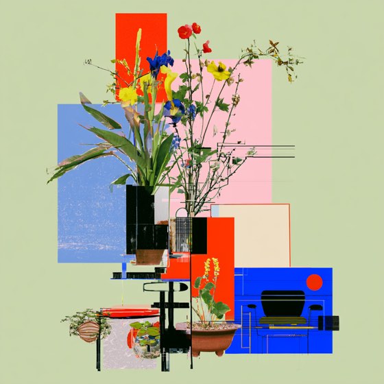 Green ground, wildflower collage over a Mediterranean postcard