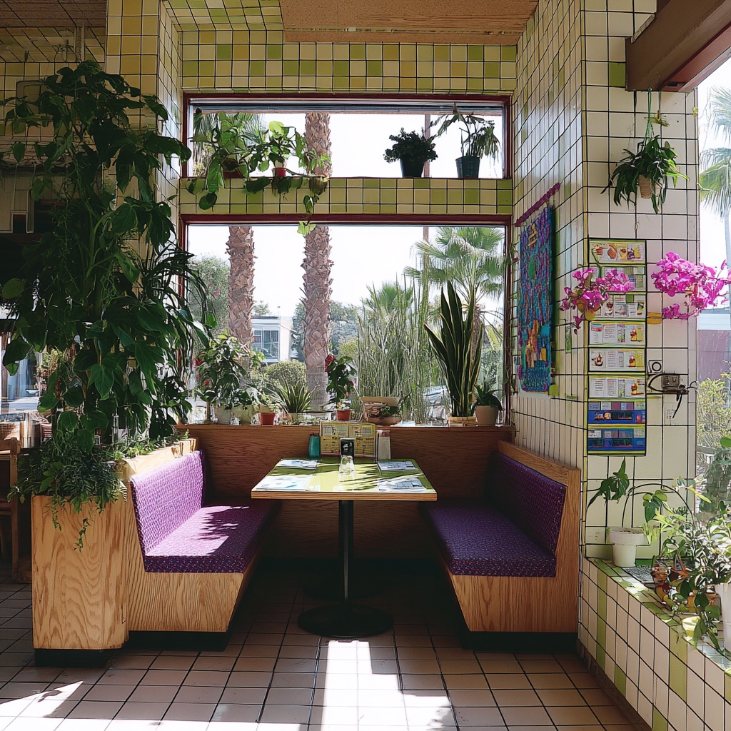 A very mondrian california bistro interior — purple booth, plants, palms outside