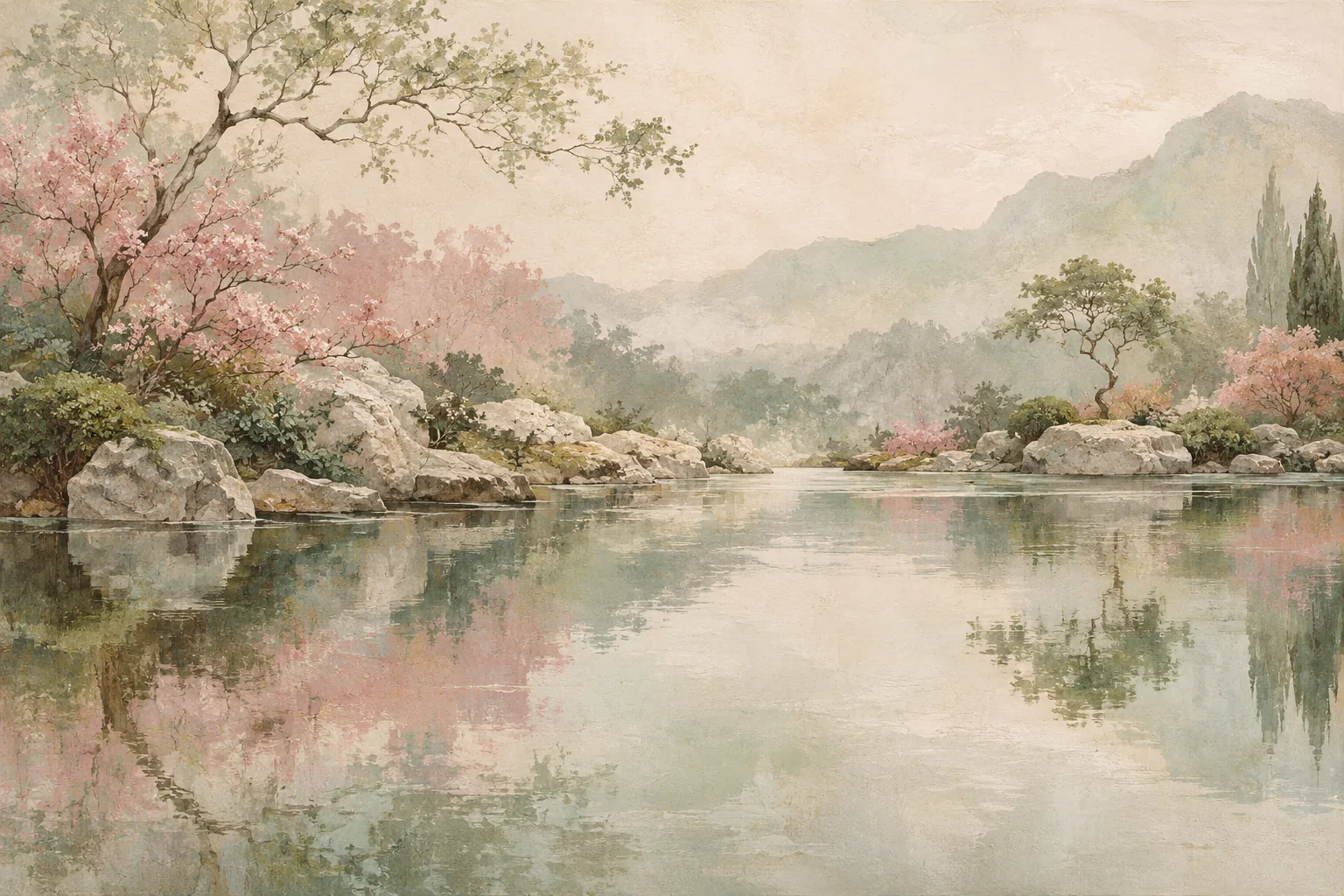 Sage trees and dusty rose blossoms reflect in still water beneath a pale, spacious sky.
