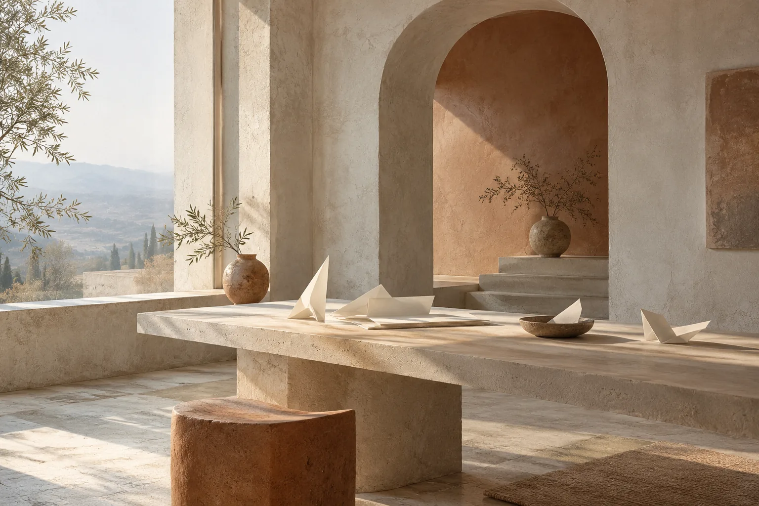 A quiet pale architectural idea room with unmarked folded draft-paper forms and soft terracotta light.