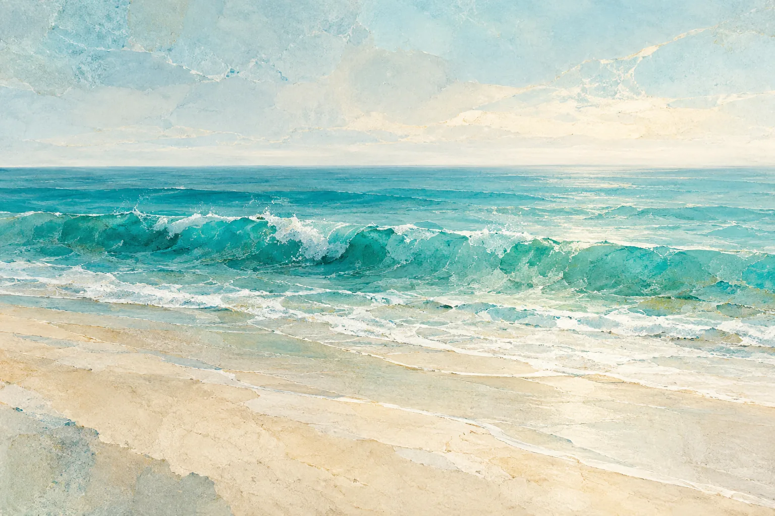 A turquoise wave curls toward an empty ivory shore beneath a pale ocean horizon.