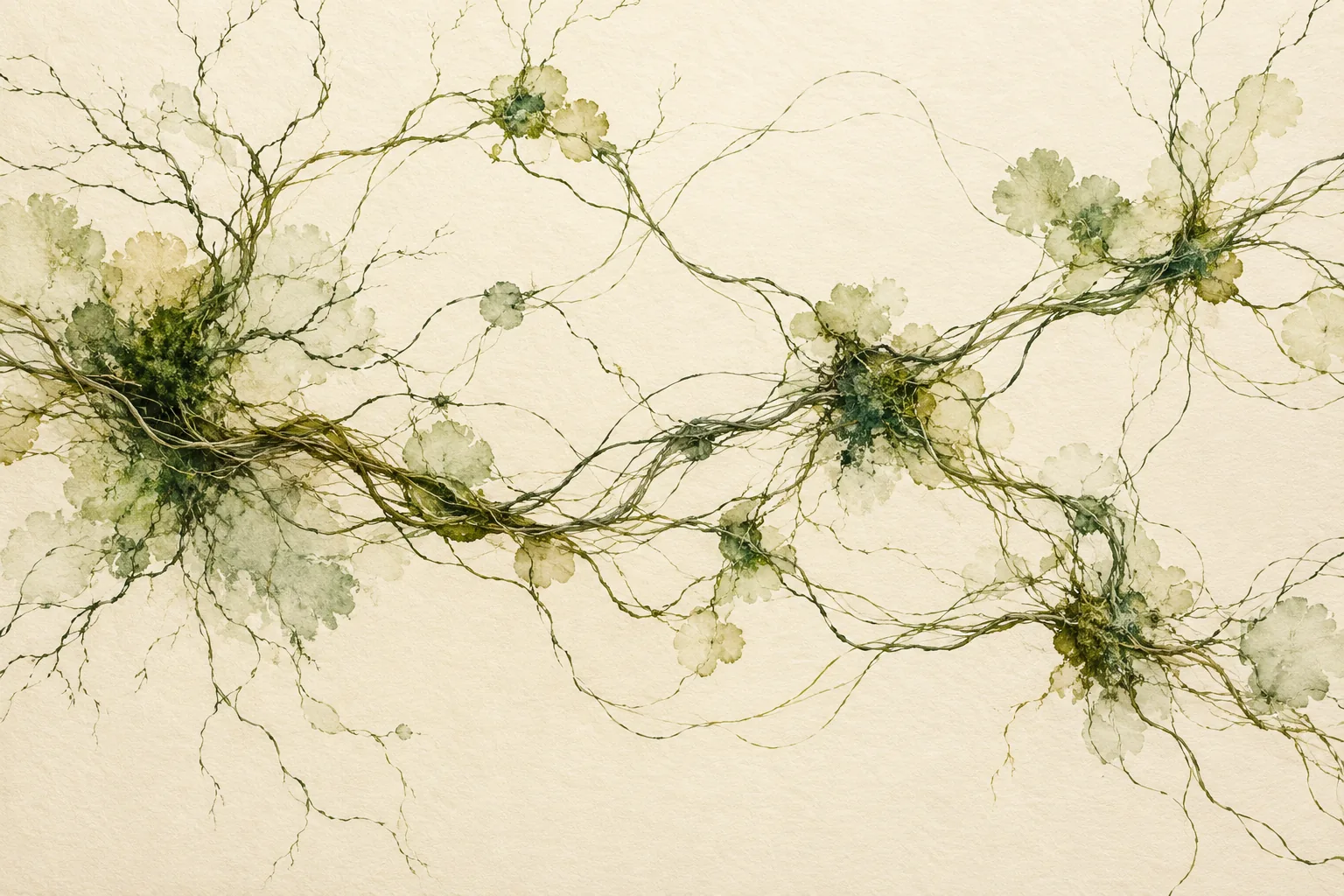 Moss-green ink roots and twisting threads weave airy connections across warm cream paper.